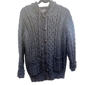 John Branigan Weavers Aran Knit Wool Hooded Cardigan Sweater L Made in Ireland